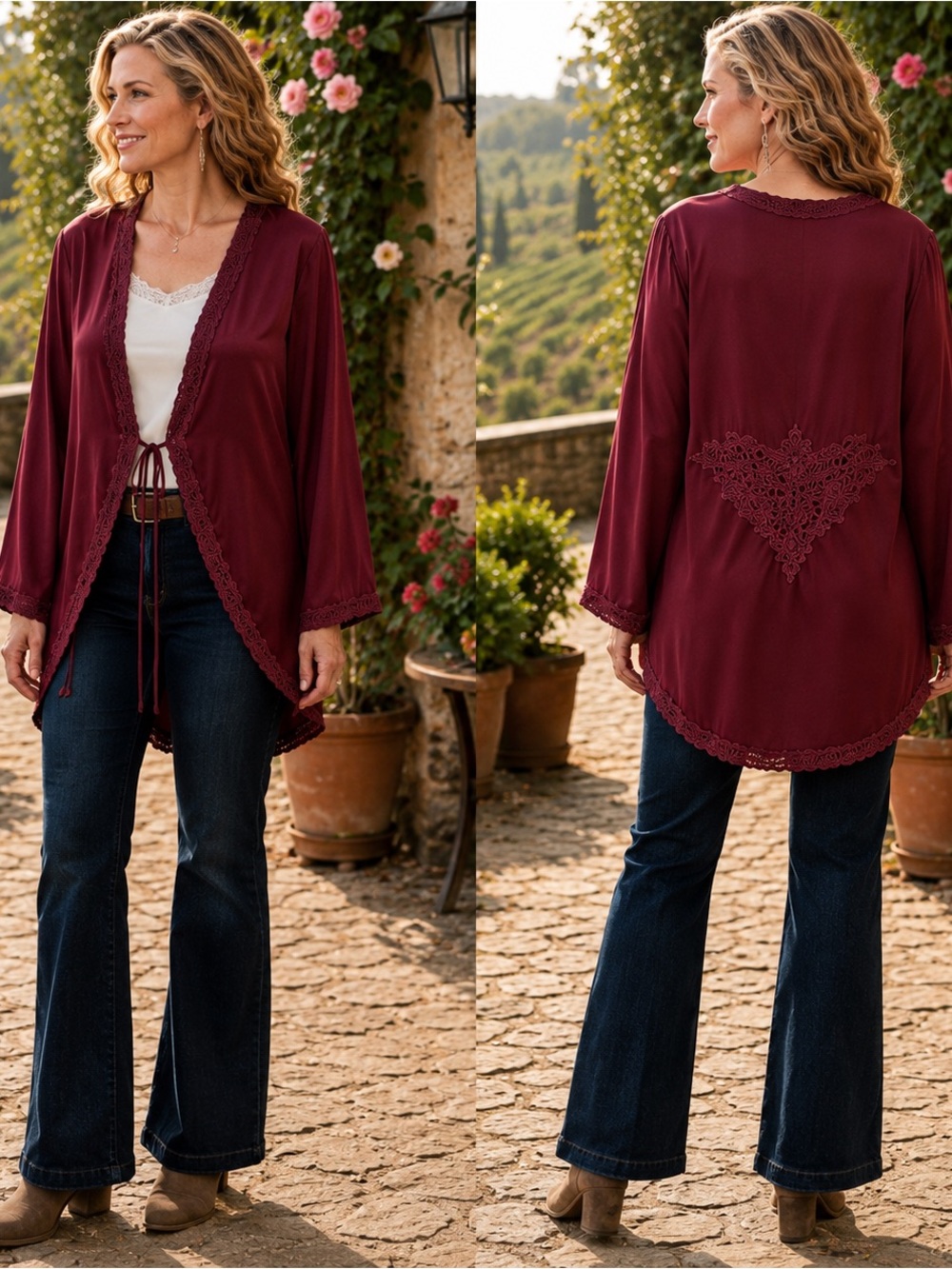 Vintage Belinda’s Designs Wine Embroidered Open Front Romantic Duster